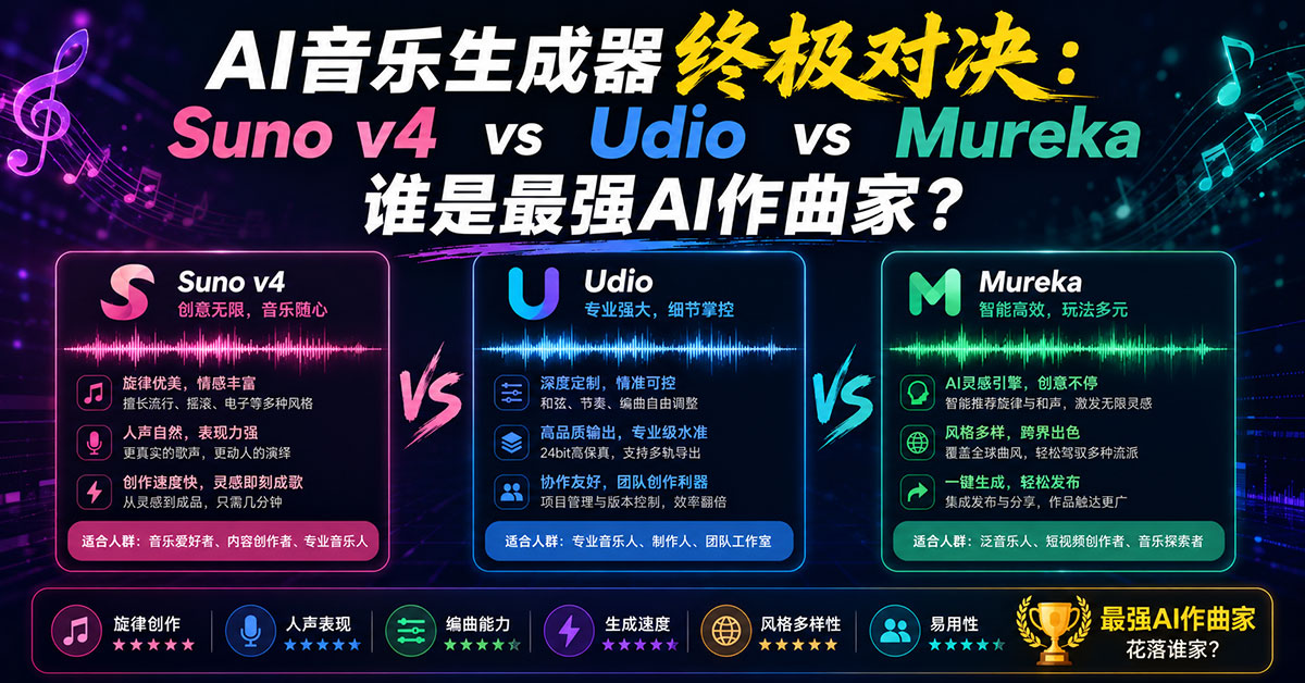 AI音乐生成器终极对决：Suno v4 vs Udio vs Mureka，谁是最强AI作曲家？