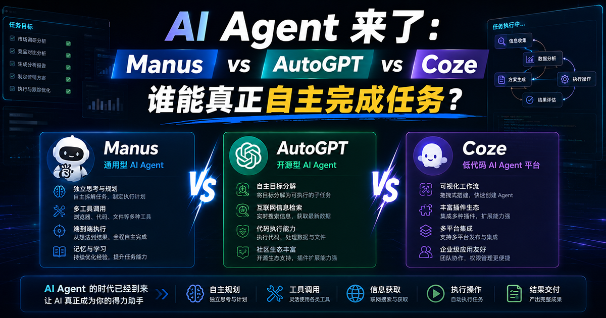 AI Agent 来了:Manus vs AutoGPT vs Coze,谁能真正自主完成任务?
