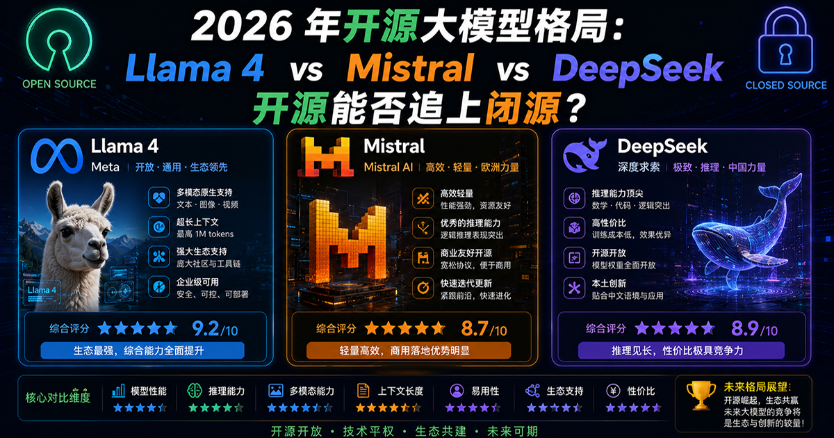 2026 年开源大模型格局:Llama 4 vs Mistral vs DeepSeek,开源能否追上闭源?